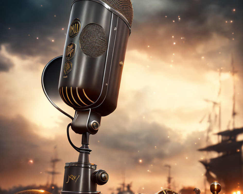 Vintage microphone with glowing embers against dramatic sky and ship silhouettes