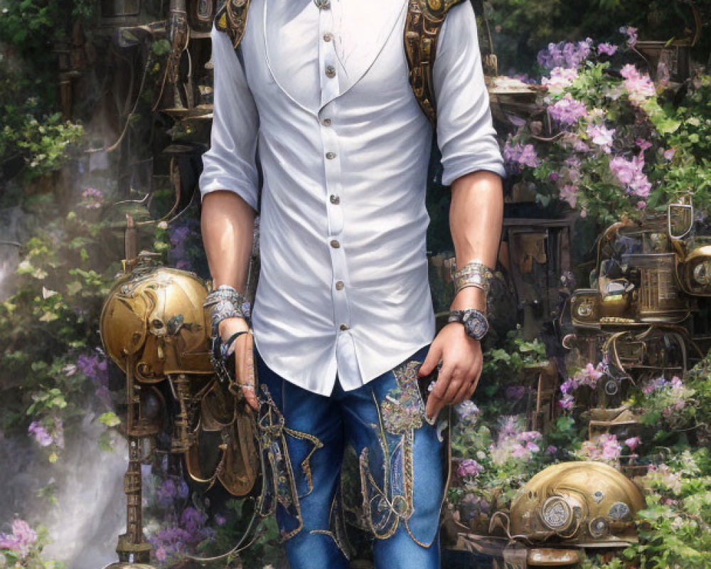 Stylish man with robotic arm in lush, floral garden wearing contemporary clothing