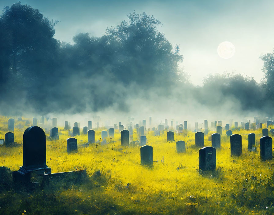 Ethereal light illuminates misty graveyard with yellow wildflowers