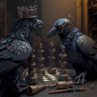 Ravens in royal attire play chess on a board
