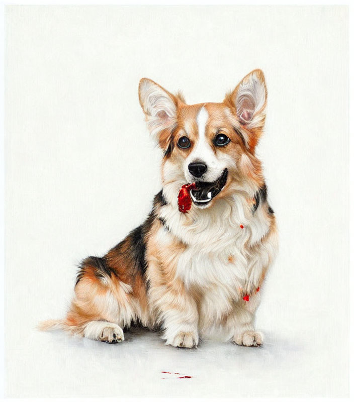Realistic Tricolor Pembroke Welsh Corgi Painting with Red Collar