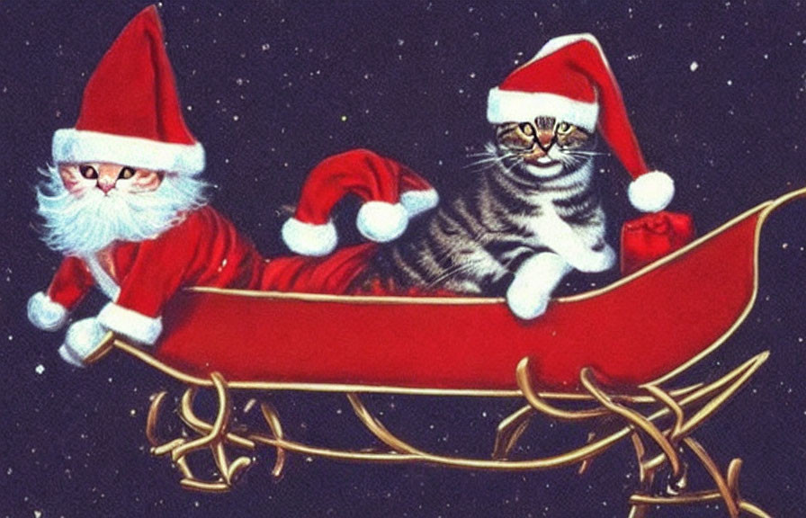 Santa Claus and tabby cat in Santa hats in red sleigh under starry sky