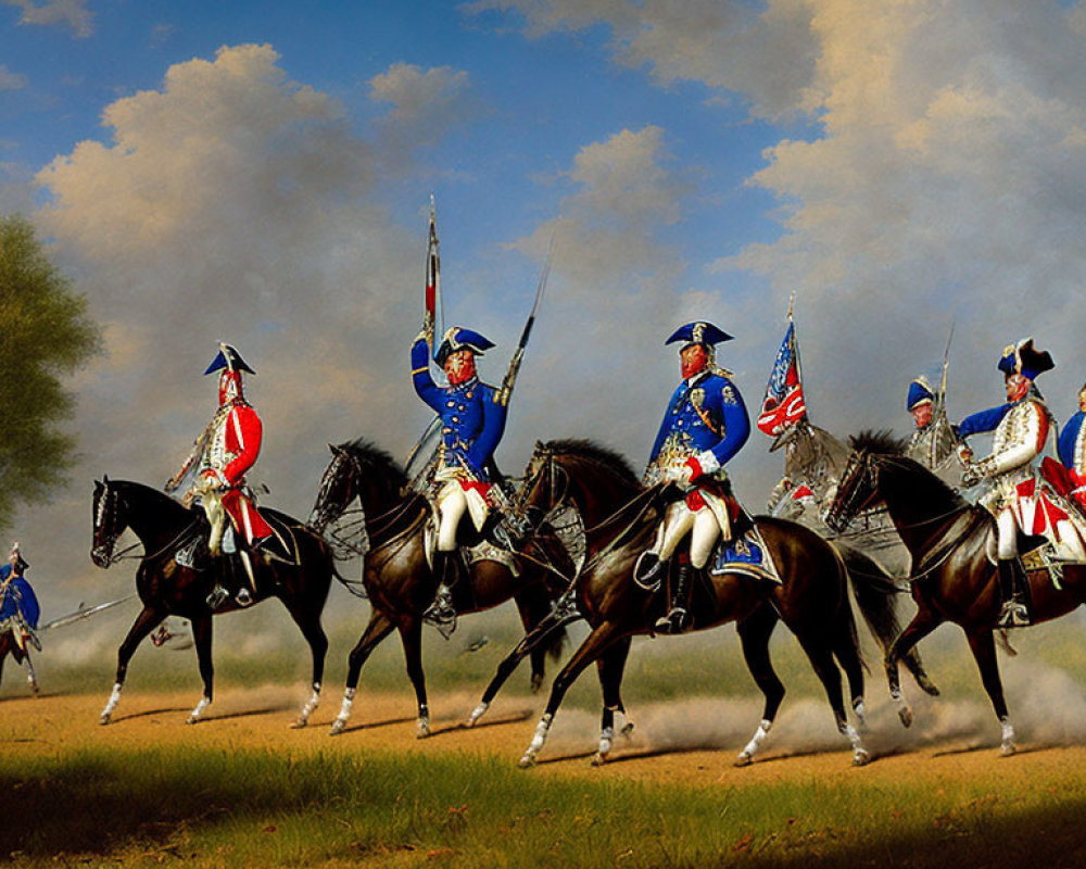 Historical military figures on horseback with flags under cloudy sky