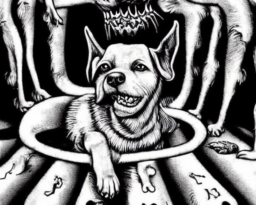 Monochrome image of smiling dog with crown in ring of figures