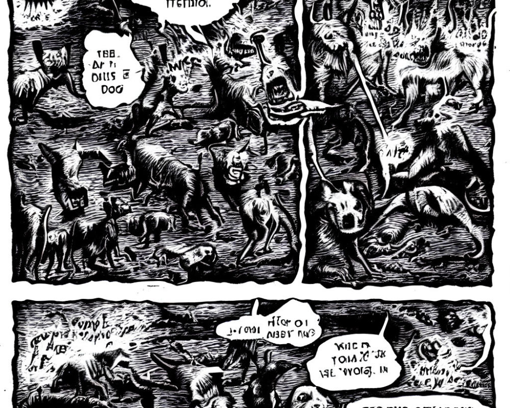 Grotesque black and white comic-style illustration of distorted figures and chaotic speech bubbles