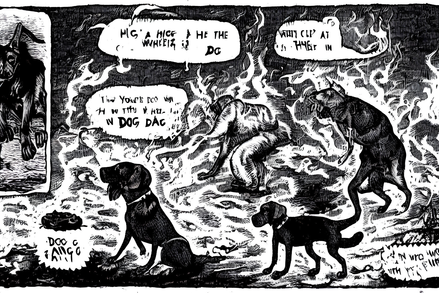 Surreal black and white anthropomorphic dog illustration in smoky setting