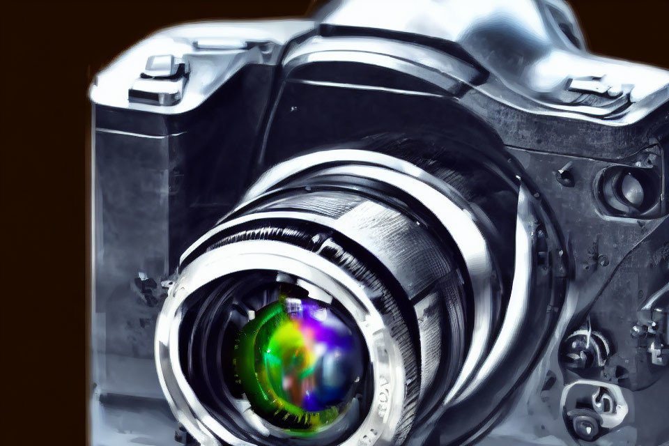 Vintage Camera with Prominent Lens and Dials in High-Contrast Filter
