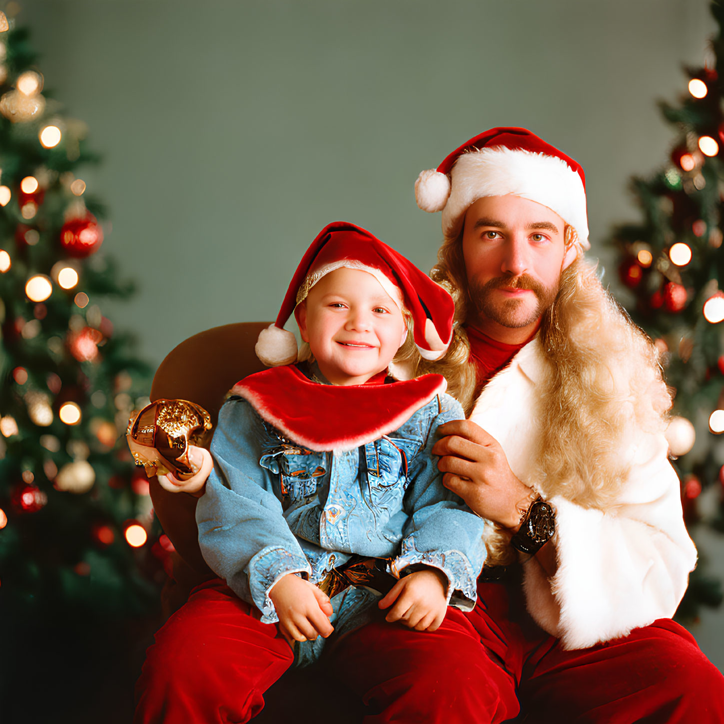 Child in denim jacket and Santa Claus in Santa hats pose in front of Christmas tree