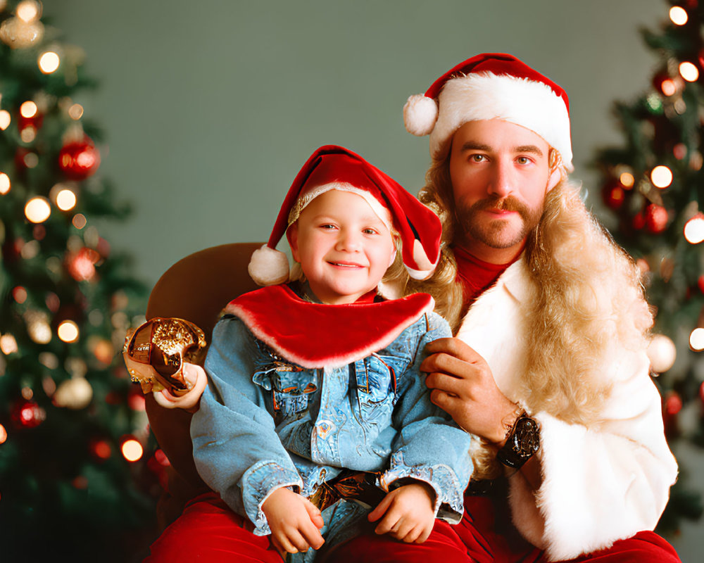 Child in denim jacket and Santa Claus in Santa hats pose in front of Christmas tree