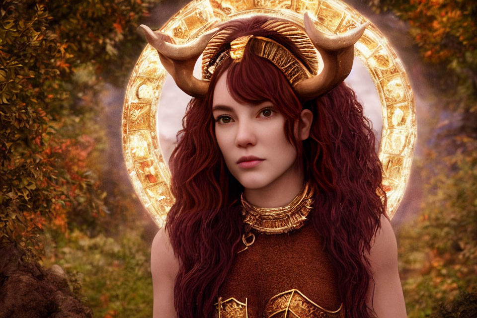 Fantasy female character with horns in golden armor in autumnal forest setting