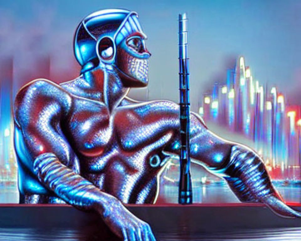 Futuristic metallic humanoid with rifle in neon cityscape