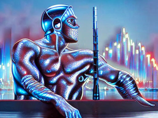 Futuristic metallic humanoid with rifle in neon cityscape