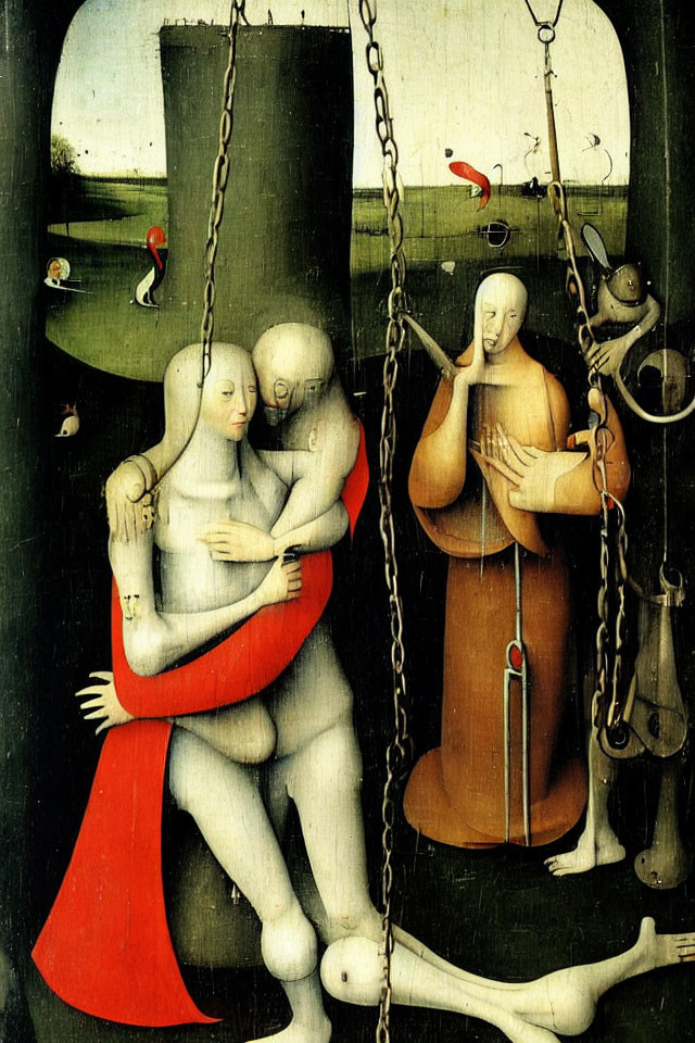 Medieval painting with couple embracing, harp player, surreal bird on swing, and bones.
