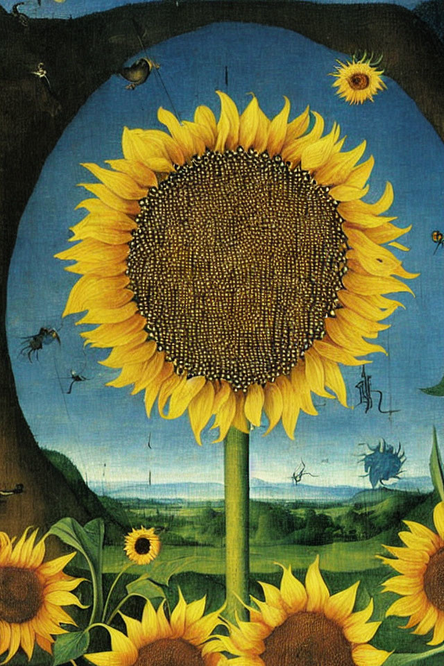 Colorful Sunflower Painting with Blue Background and Insects