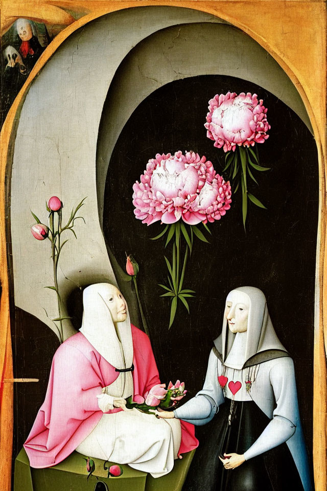 Nuns in pink and gray exchanging flowers under arch with floating peonies and red bird