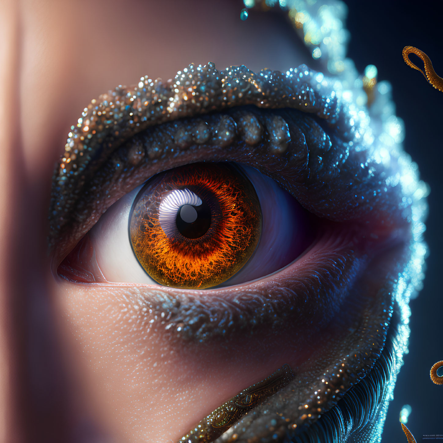 Detailed Close-Up of Orange Iris Eye with Sparkling Makeup
