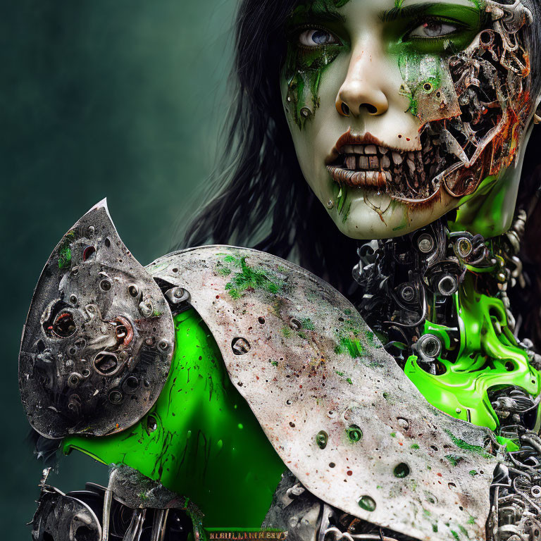Portrait of Woman with Cybernetic Enhancements and Green Viscous Substance