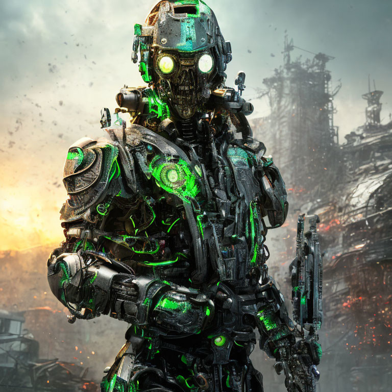 Detailed Robot with Green Glowing Parts in Post-Apocalyptic Scene