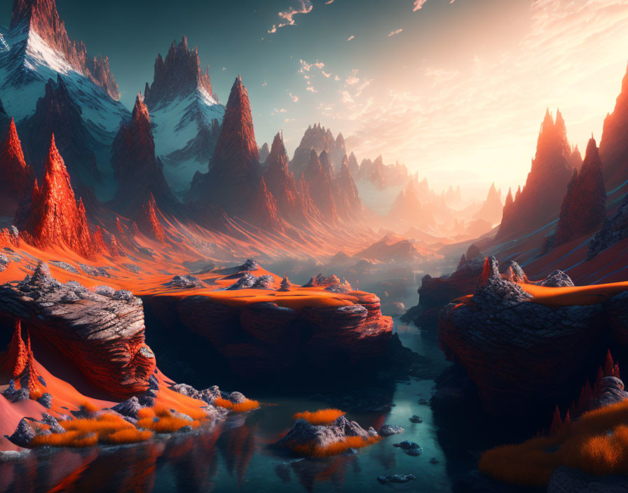 Alien landscape with spiky mountains, serene river, and vibrant vegetation