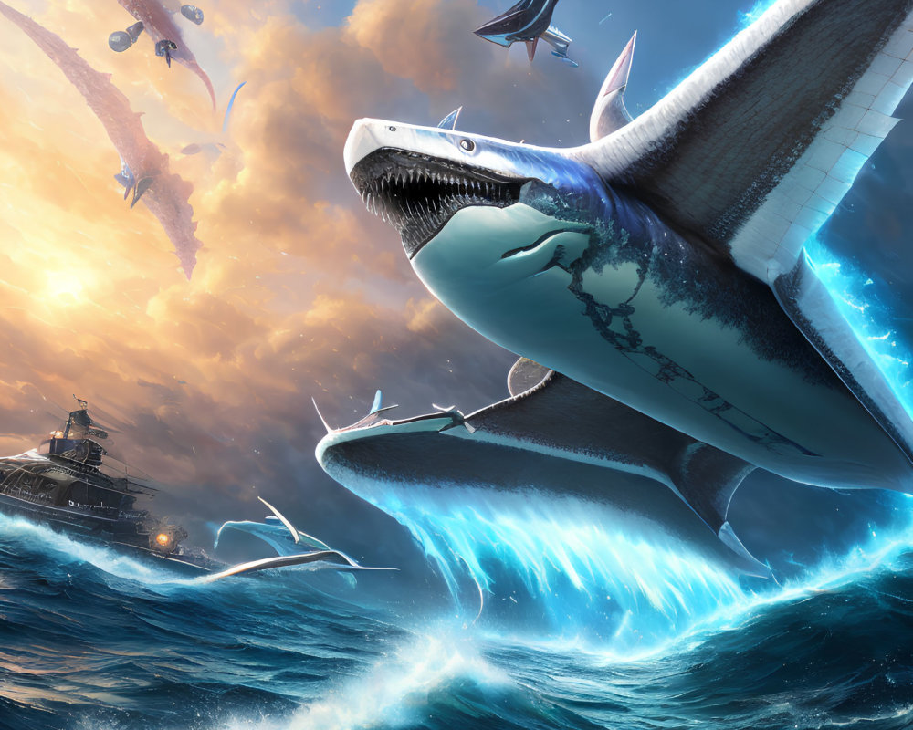 Giant sharks breaching ocean waves in battle with ships and flying creatures under stormy sky