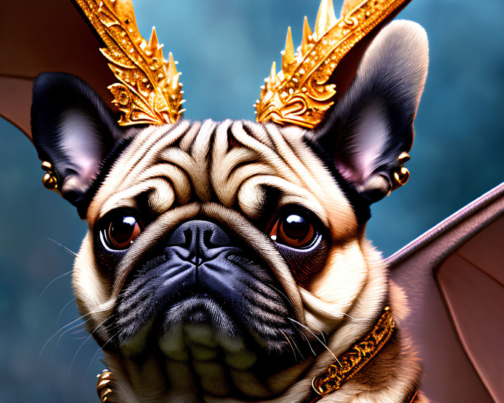 Stylized digital art: Regal pug with golden crown and necklace