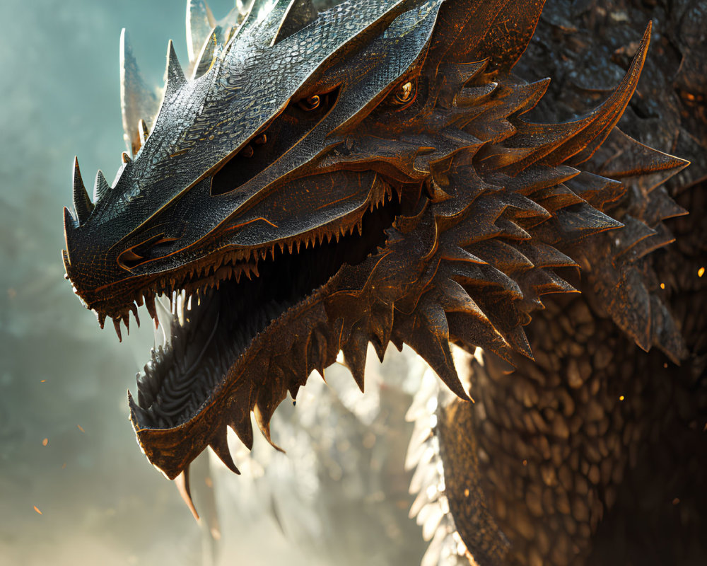 Detailed close-up of fearsome dragon head with sharp scales, horns, and teeth.