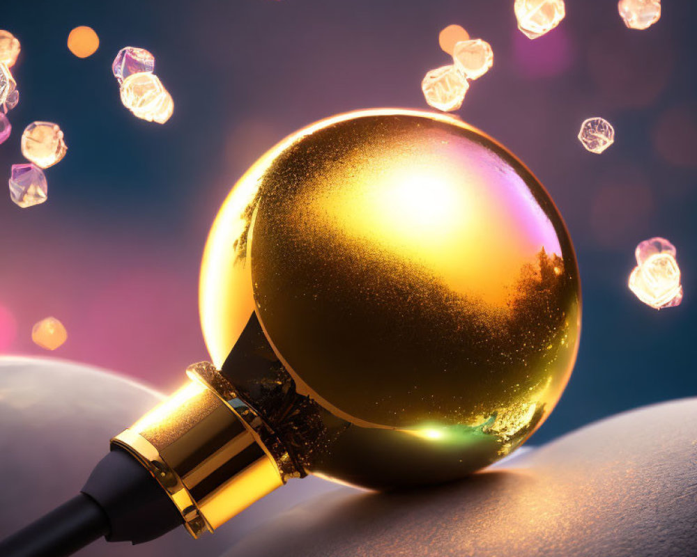 Golden Glowing Microphone on Reflective Surface with Bokeh Background