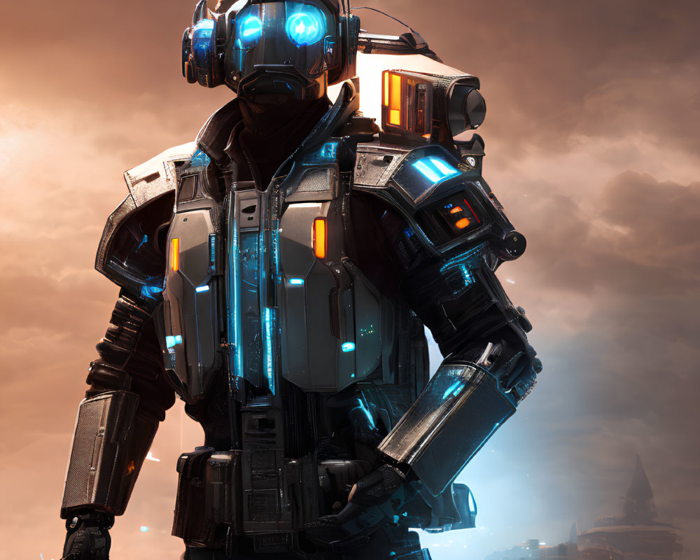 Futuristic soldier in advanced armor against dystopian skyline.