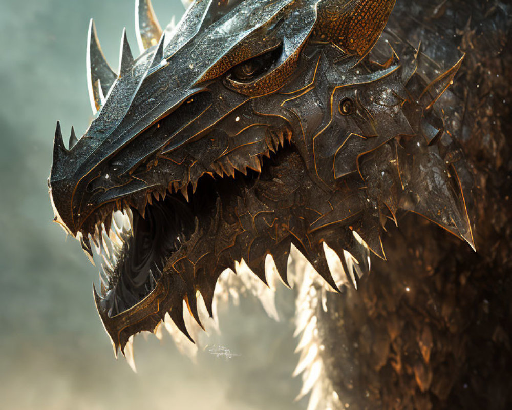 Detailed Dragon Head with Spikes, Textured Scales, and Sharp Teeth