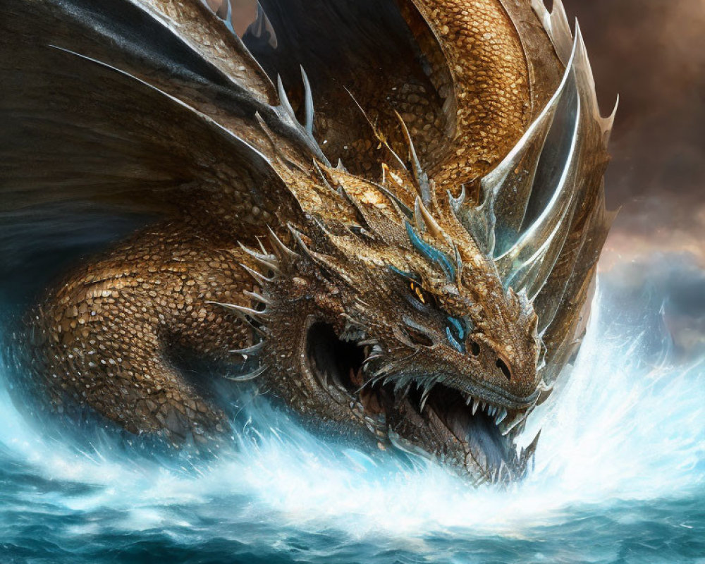 Majestic dragon with glistening scales and horns in stormy sea scene