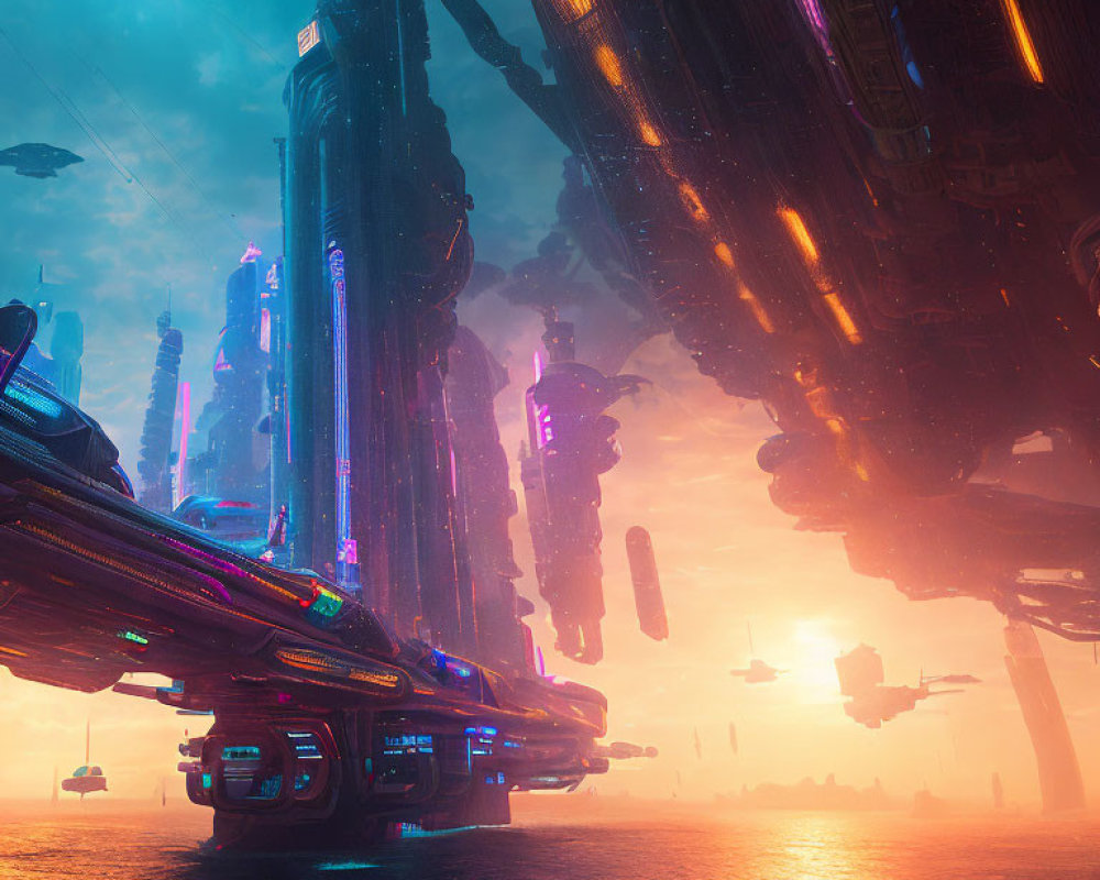 Futuristic cityscape with skyscrapers, flying vehicles, and vivid sunset sky