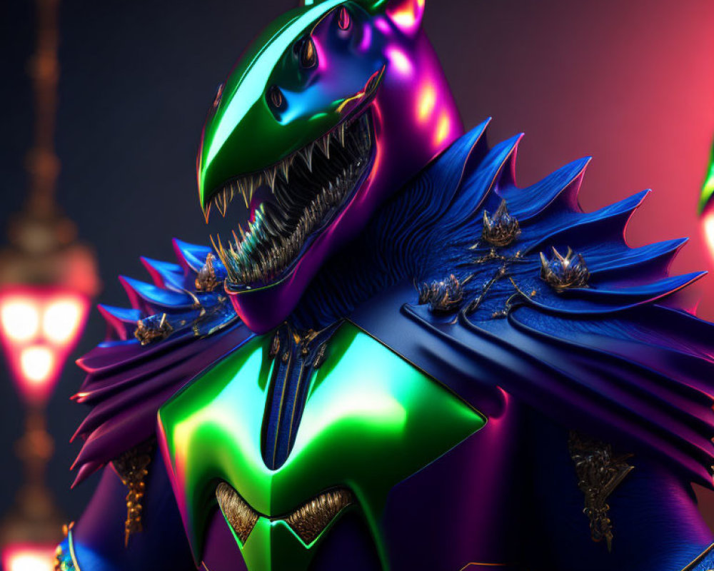 Colorful 3D Dragon Creature with Neon Colors and Armor on Moody Backlit Background