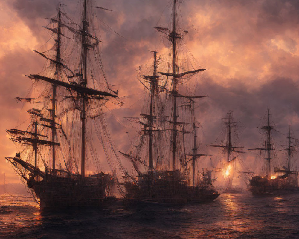 Tall ships with illuminated lanterns in misty waters at dusk