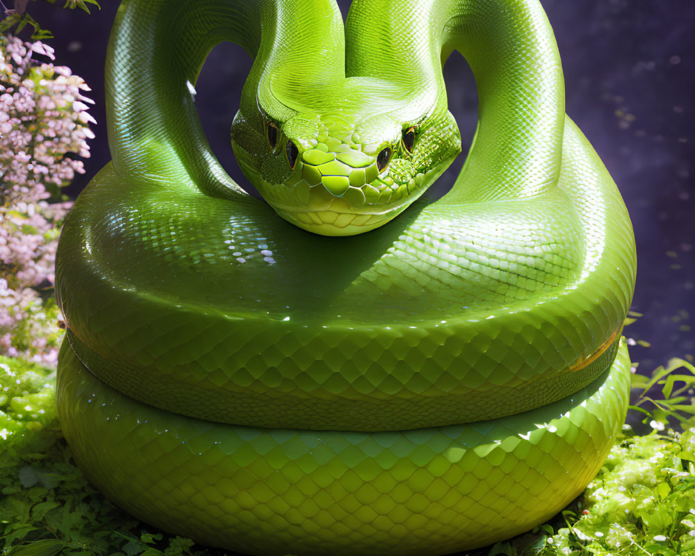 Vibrant Green Snake Coiled Among Foliage on Moody Purple Background