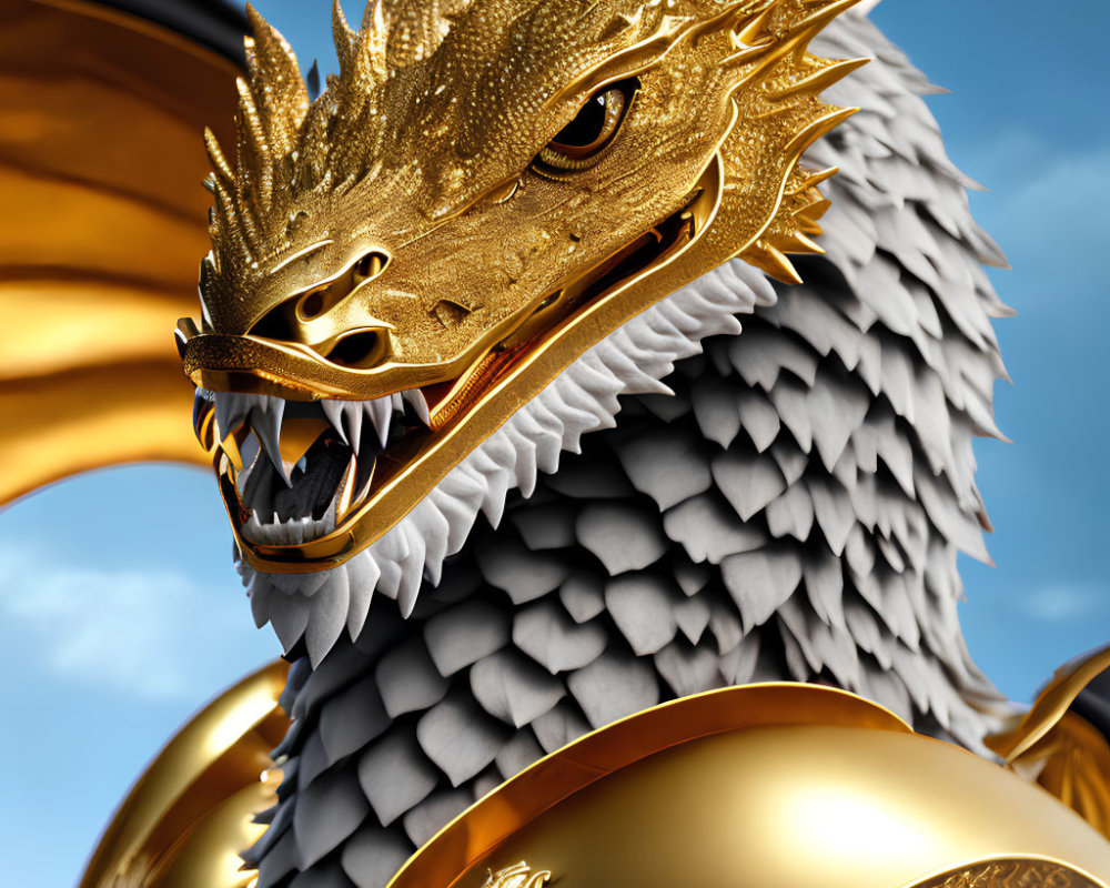 Golden dragon with scaled skin and piercing eyes on blue sky background