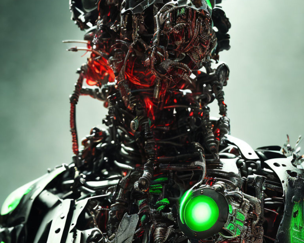 Detailed Robotic Creature with Green Glowing Elements and Red Core