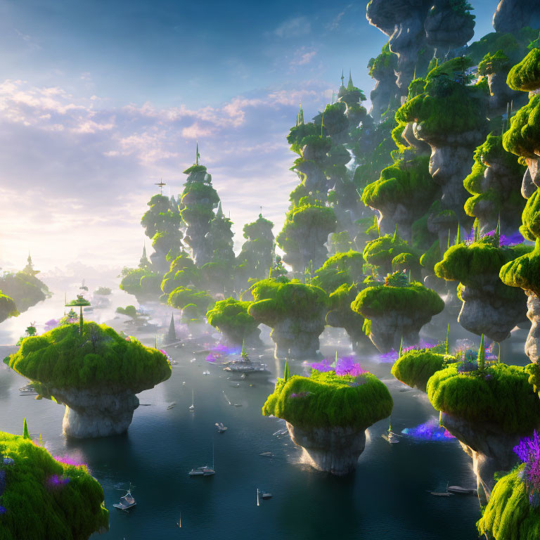 Fantastical landscape with floating islands, lush greenery, waterfalls, and sailing ships in serene
