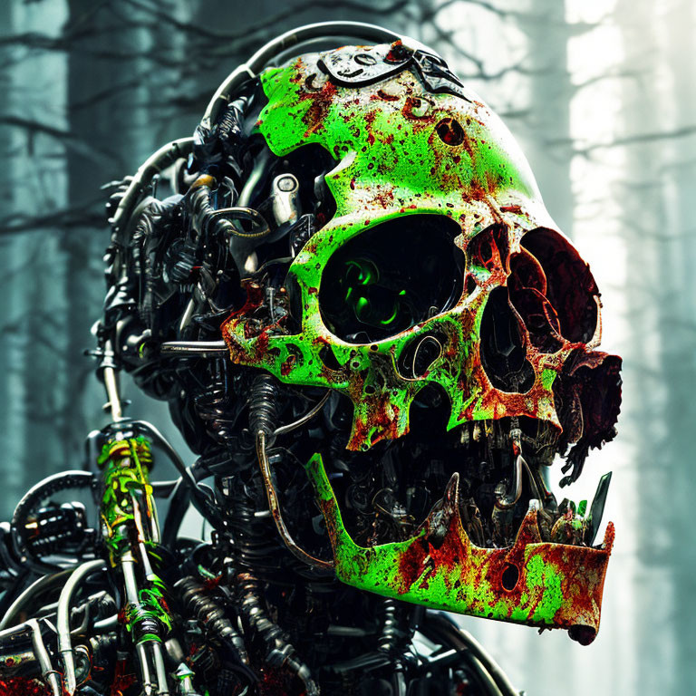 Rusted robotic skull with green splatters in misty forest setting