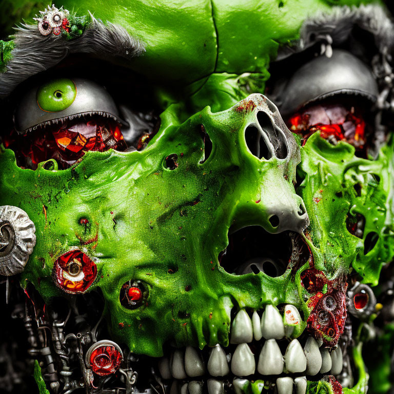 Grotesque green face with multiple eyes and mechanical parts in vibrant red textures