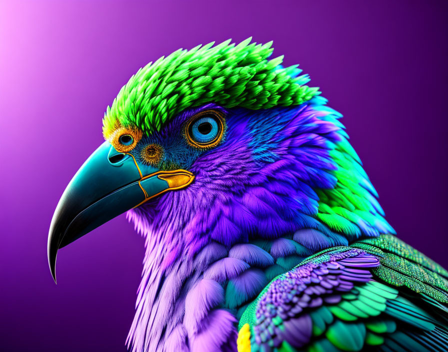 Colorful Digital Artwork: Bird with Green, Blue, Purple Feathers