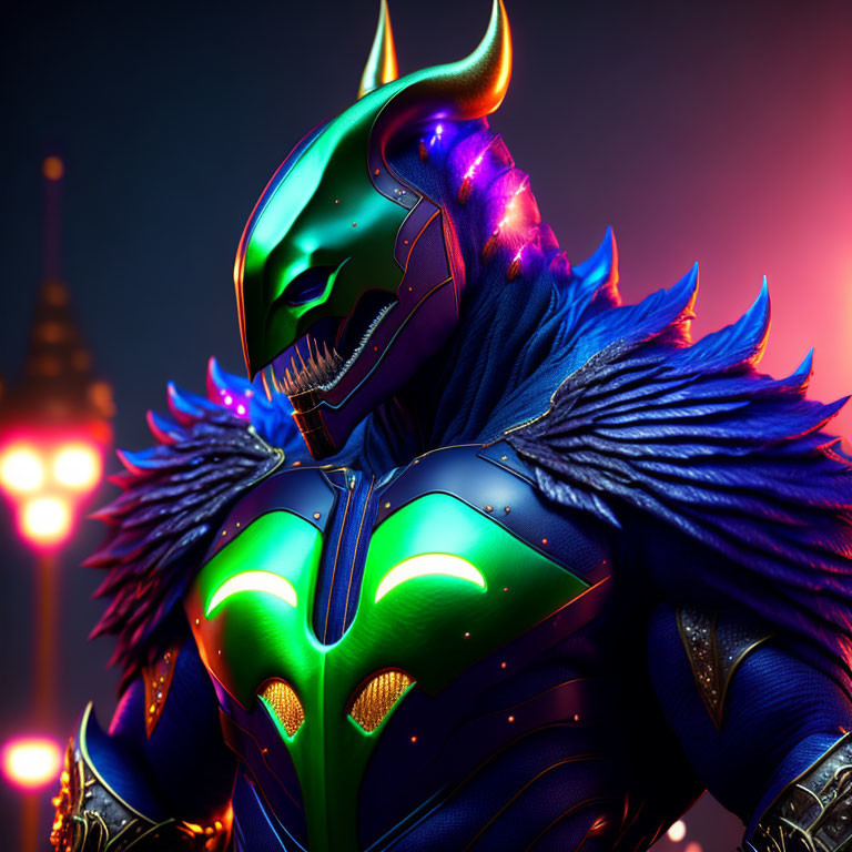 Colorful futuristic character in armor with glowing accents, horns, and feather collar on cityscape background.