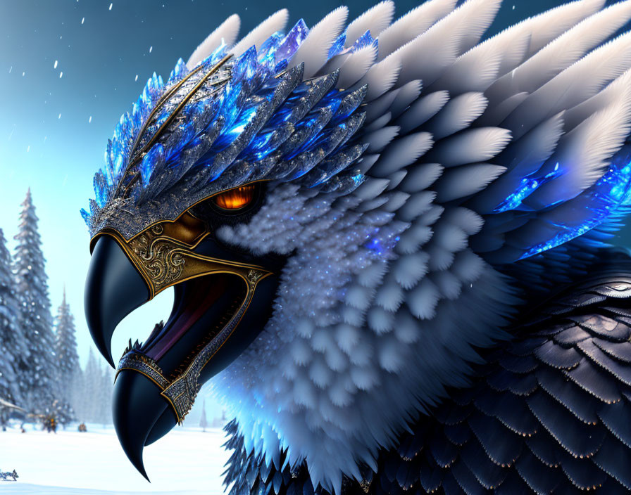 Fantasy eagle with golden beak mask and crystal feathers in snowy forest