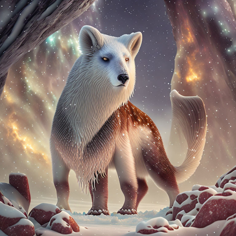 Majestic white wolf in snowy landscape under starry sky