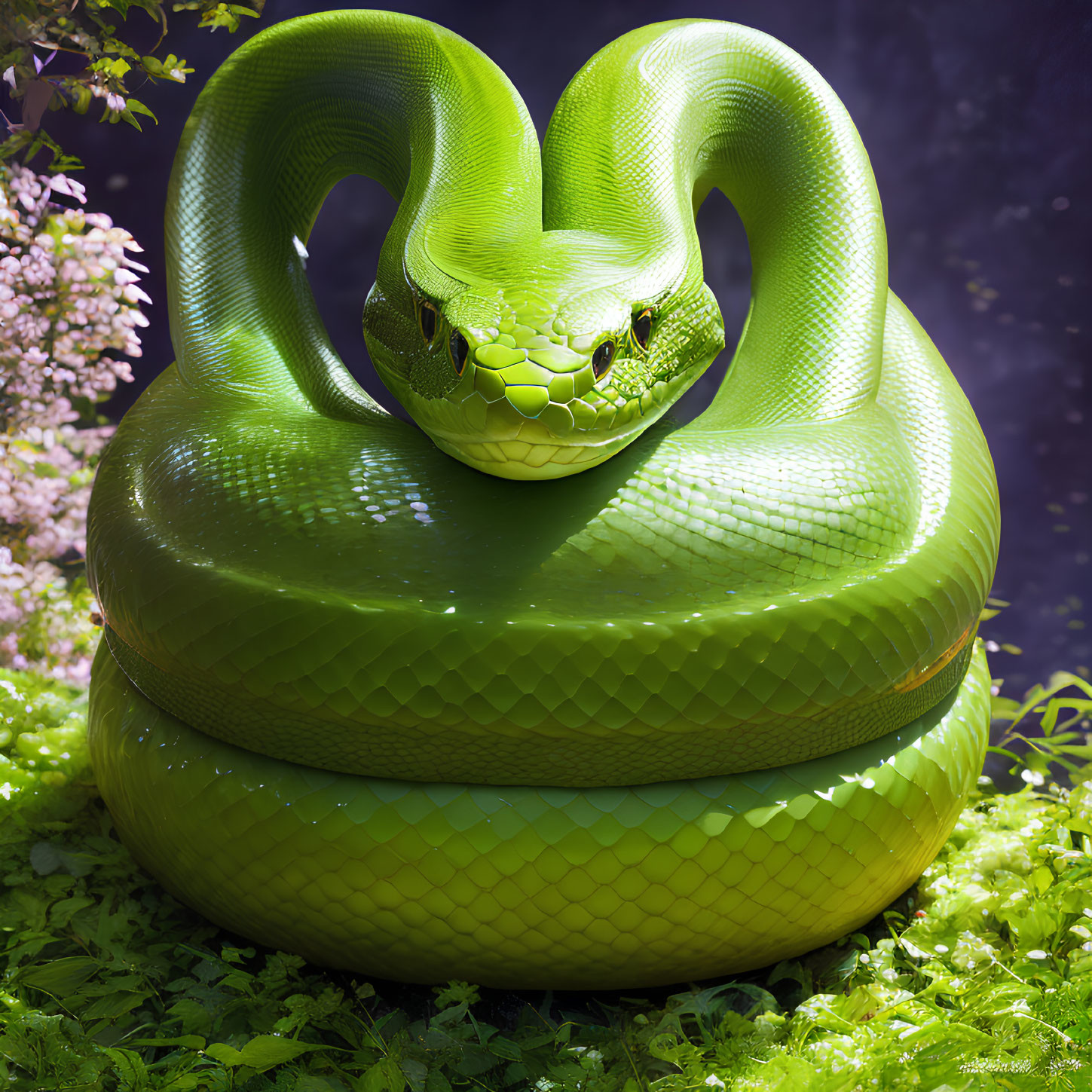 Vibrant Green Snake Coiled Among Foliage on Moody Purple Background
