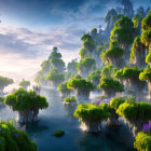 Fantastical landscape with floating islands, lush greenery, waterfalls, and sailing ships in serene