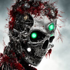 Biomechanical skull with green glowing eyes and red tendrils on misty background