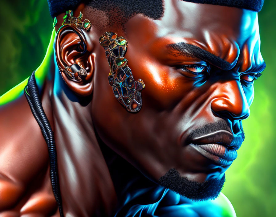 Detailed digital portrait of male with unique ear jewelry on green background