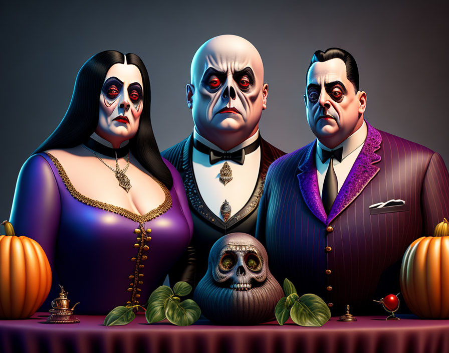Stylized gothic family cartoon characters with skull and pumpkins on dark background
