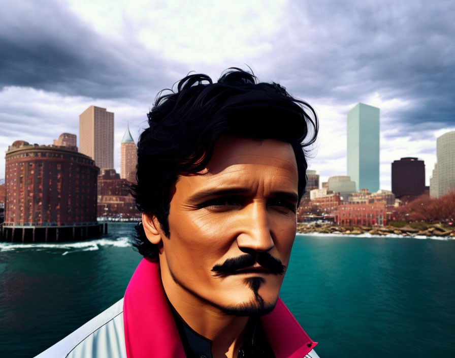 Digital portrait of a man with a mustache against city skyline and cloudy sky