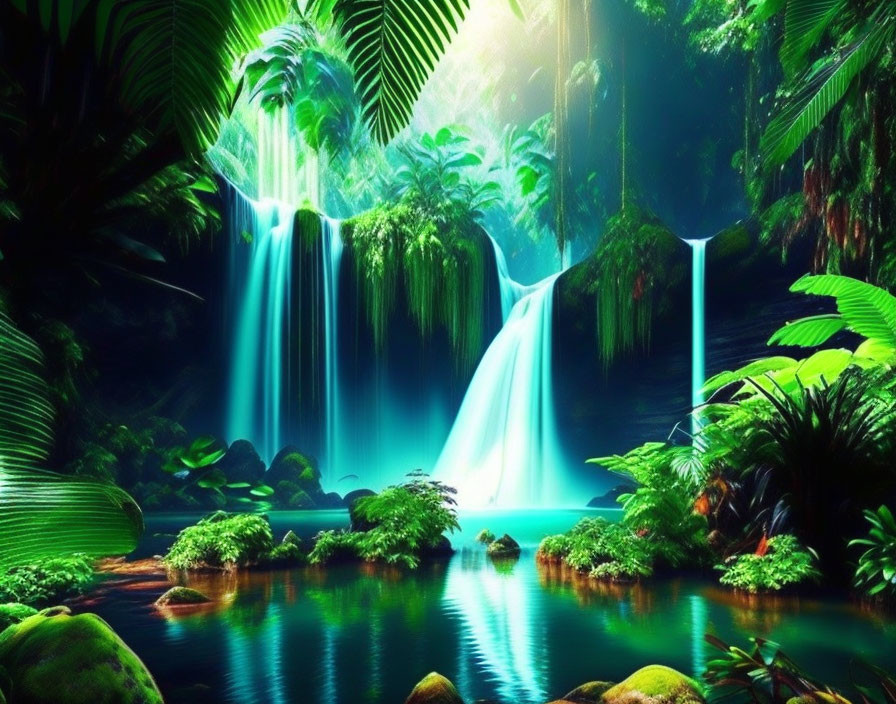 Tropical landscape with dual waterfalls and lush green foliage